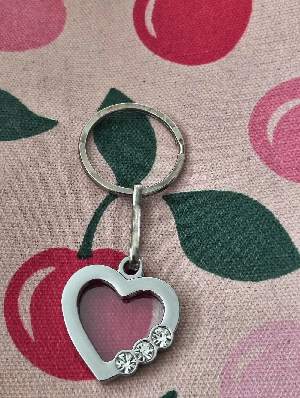 Silver Tone Photo Heart Keychain With Rhinestone Accents